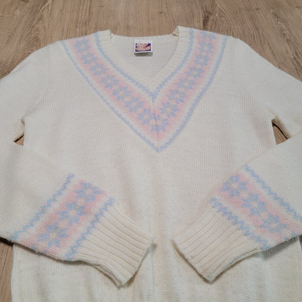 Offspring Wool Blend Sweater Academia V Neck Fair Isle Coquette Fairy VTG 70s